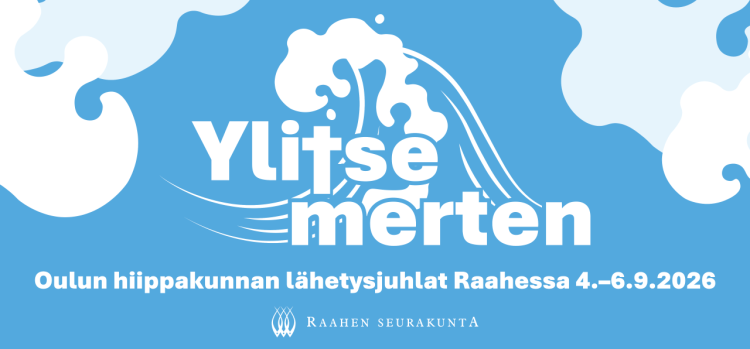 Ylitse merten -lähetysjuhlien tunnuslogo. Sininen teksti ja vaahtopäinen aalto valkoisella taustalla.